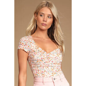 Lulus Sweetest Nature Ivory Floral Print Short Sleeve Bodysuit White - Size S